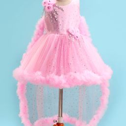 Enfance Sleeveless Floral Applique Foil Printed Ruffle Detailed Dress With Veil - Pink-image-37