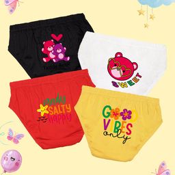 NUSYL Cotton Pack Of 4 Sweet Text & Teddy Bear Face Printed Panties - Black White Red & Yellow-image-89