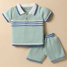 ToffyHouse Cotton Woven Half Sleeves Polo T-Shirt & Shorts Set with Stripes - Mint-image-52