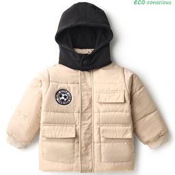 Babyoye Woven Full Sleeves Padded Hooded Jacket With Patch Detailing -Beige-image-15
