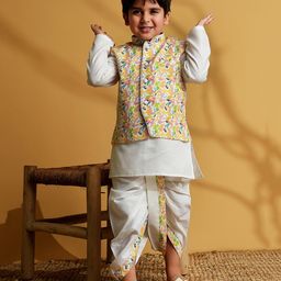AJ Dezines Silk Blend Woven Full Sleeves Solid Kurta & Dhoti With Floral Printed Jacket Set - Yellow-image-94