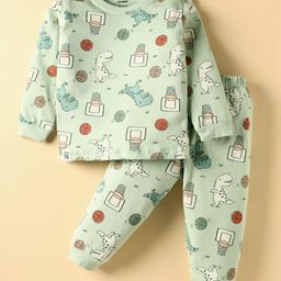 CUCUMBER Sinker Knit Full Sleeves Dino Printed Co-Ords Night Suit - Light Green-picture-4