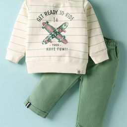 Ollypop Looper Knit Full Sleeves T-Shirt & Lounge Pant Set With Skateboard Print - Cream & Olive Green-picture-10