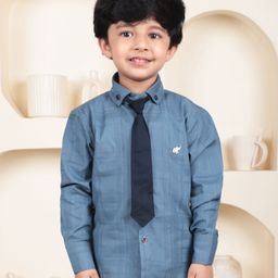 Polka Tots Cotton Woven Full Sleeve Textured Shirt With Tie - Heritage Blue-picture-10