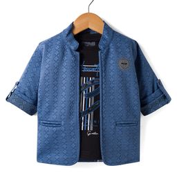 Dapper Dudes Full Sleeves Textured Jacket With Typography Printed Tee Set - Blue-picture-36