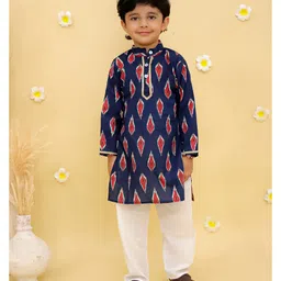 Junitos Cotton Woven Full Sleeves Ikat Printed Kurta Pyjama Set - Blue-picture-2