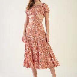 aayu Women Print Round Neck Puff Sleeve Cut-Outs Tiered Fit & Flare Midi Dress-image-71