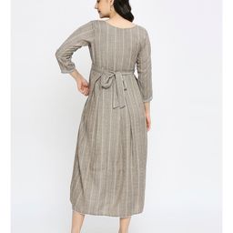 Dummy Shape Three Fourth Sleeves Striped Maternity Flared Kurta With Nursing Access & Abstract Embroidered Attached Belt - Brown image 5