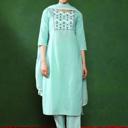Jaipur Kurti Floral Yoke Design Thread Work Straight Kurta With Trousers & Dupatta-24
