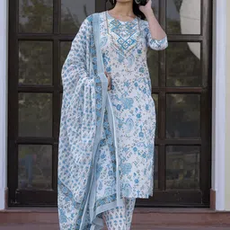 KALINI Paisley Printed Mirror Work Straight Pure Cotton Kurta With Trousers & Dupatta-21
