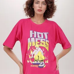 BLUEFICUS Women Bio Finish Graphic Printed Round Neck Cotton Relaxed Fit T-shirt-image-12