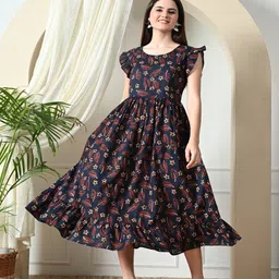 KALINI Print Flutter Sleeve A-Line Midi Dress-6