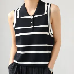 KPOP Shirt Collar Sleeveless Striped Top-image-20