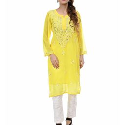 BEAUTY CHIKAN HANDICRAFTS Floral Embroidered Notch Neck Mirror Work Georgette Kurta-image-92