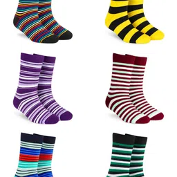 Dynamocks Pack Of 6 Striped Combed Cotton Odour Free Calf-Length Socks-29