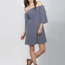DELIS Women Striped Flared Sleeves Off-Shoulder A-Line Dress-image-53