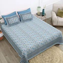 Texstylers Blue & Multicoloured Floral 210 TC Queen Bedsheet with 2 Pillow Covers-image-75