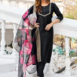VIBE VISION Pure Silk Round Neck Straight Kurta With Trousers & Dupatta-picture-23