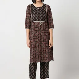 Ethnicity Floral Printed Tie-Up Neck Pure Cotton Straight Kurta With Trousers-26