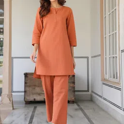Janasya Women's Rust Cotton Solid A-line Co-Ords Set-picture-12