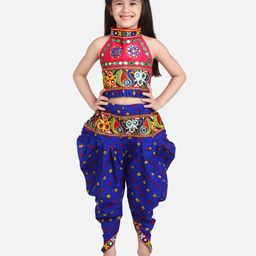 BownBee Peacock Embroidered Halter Neck Sleeveless Choli With Dhoti - Blue-image-17