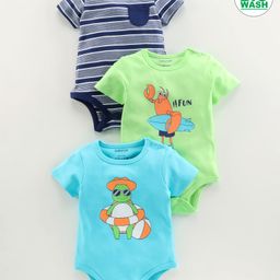 Babyoye Half Sleeves Bio Wash Multi Printed Cotton Onesies Pack of 3 - Blue Green-image-9