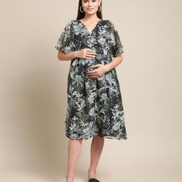 Bella Mama Half Sleeves Maternity Dress Floral Print - Green-image-17