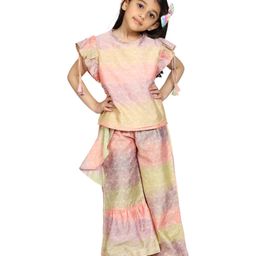 Kiddopanti Flower Print Frill Sleeves Top & Palazzo Pant Set - Peach & Green-image-16