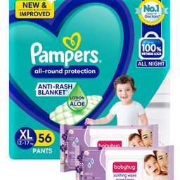 Pampers All round Protection Pants, Extra Large size  (XL) 56 Count, Anti Rash diapers, Lotion with Aloe Vera & Babyhug Soothing Lavender & Chamomile Wipes - 72 Pieces - (Pack of 2)-image-58