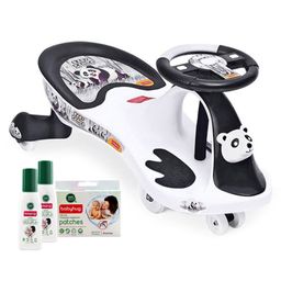 Babyhug Baby Panda Gyro Swing Car - Black & White with Natural Mosquito Repellent Patches (48 pcs) & Fabric Roll On (8ml - Pack of 2) - Set of 4-16