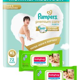 Pampers Premium Care Pants, Extra Large size baby diapers (XL), 72 Count, Softest ever Pampers pants and Babyhug Premium 98% Water Baby Wet Wipes with Moisturising Aloe Vera With Lid - 80 Pieces-picture-14