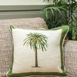 Crown of Poppies White & Green Palm Printed Cotton Square Cushion Cover-1