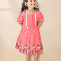 TINY TWILLS Girls Floral Embroidered Puff Sleeve Linen Fit & Flare Dress With Lace Details-56