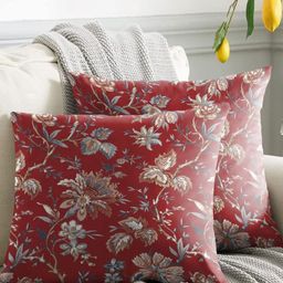 Aura Red & Brown Set of 2 Floral Square Cushion Covers-21