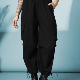CHKOKKO Women High-Rise Baggy Parachute Cargo Track Pants Trousers-image-90