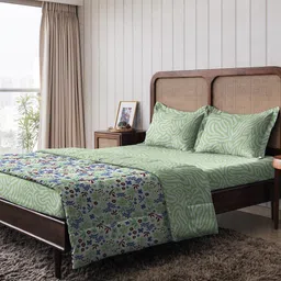The Happy Pod Green Abstract Pure Cotton 144 TC Flat Queen Bedsheet With 2 Pillow Covers-image-72