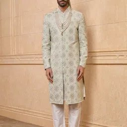 Tasva Embroidered Mirror Work Mandarin Collar Sherwani Set-picture-8