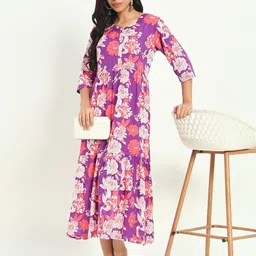 KALINI Women Floral Printed Cotton Empire Midi Dress-image-83
