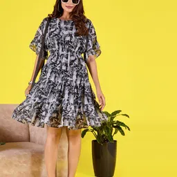 Amarasha Floral Print Flared Sleeve Georgette Fit & Flare Dress-image-28