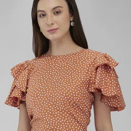 IZEL Polka Dot Print Flutter Sleeve Ruffles Styled Back Crop Top-picture-16