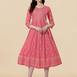 KALINI Women Ethnic Motifs Embellished Mirror Work Block Print Anarkali Kurta-17
