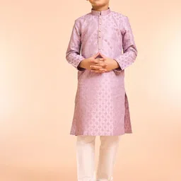 Manyavar Boys Floral Embroidered Mandarin Collar Art Silk Kurta With Pyjamas-image-76