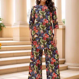 NAINVISH Floral Printed Straight V-Neck Tunic & Trousers Co-Ord Set-picture-39