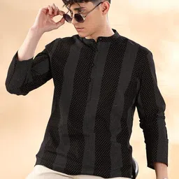 Anouk Black & White Geometric Band Collar Pure Cotton Straight Short Kurta-image-26
