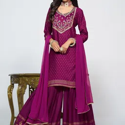 Sangria Embroidered Round Neck Kurta & Sharara With Dupatta-picture-44