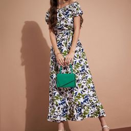 CORSICA Floral Print Off-Shoulder Puff Sleeve Crepe A-Line Midi Dress-image-37