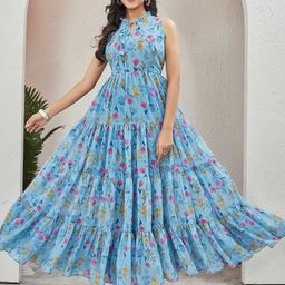 CHANSI Floral Printed Tie-Up Neck Georgette Maxi Dress-image-55