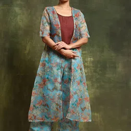 Sangria Embellished Top With Printed Palazzos & Shrug Co-Ords-17