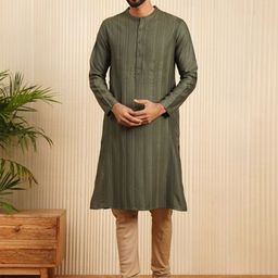 JAYPORE Striped Band Collar Cotton Straight Kurta-image-82