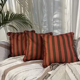 LUSHLYF Rust & Brown 3 Pieces Striped Pure Cotton Square Cushion Covers-image-7
